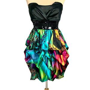 Xtraordinary Y2K Strapless Mini Cocktail Dress 7 Bubble Hem Satin Prom Hoco